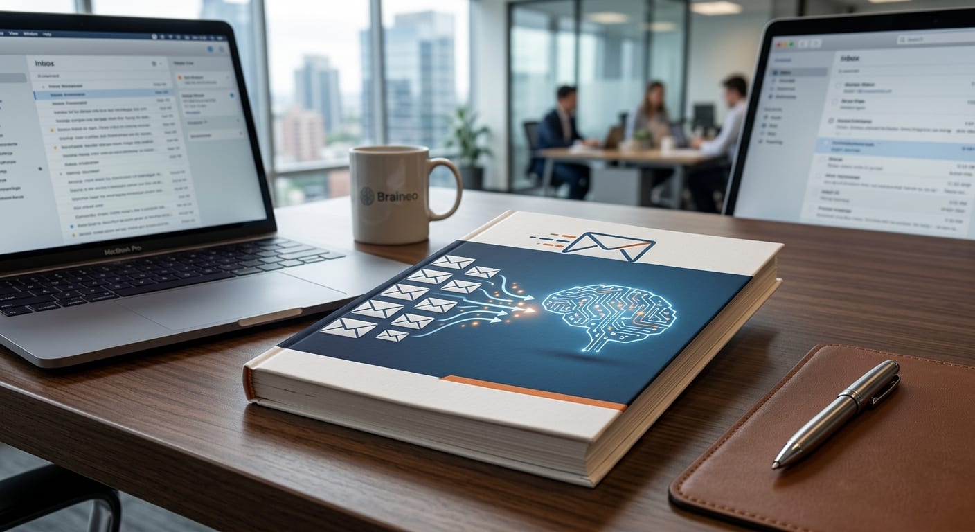 Aperçu sobre de la page de couverture du guide pratique professionnel sur la productivité et la gestion mail pour entreprises posé sur un bureau d'affaires.